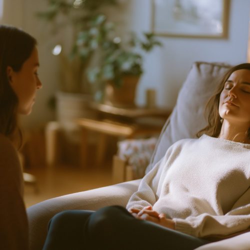 Una mujer está cómodamente sentada en un sillón con los ojos cerrados, parece tranquila y relajada, mientras otra mujer está sentada cerca ofreciéndole un apoyo silencioso en una habitación acogedora y suavemente iluminada, con plantas y libros de fondo.